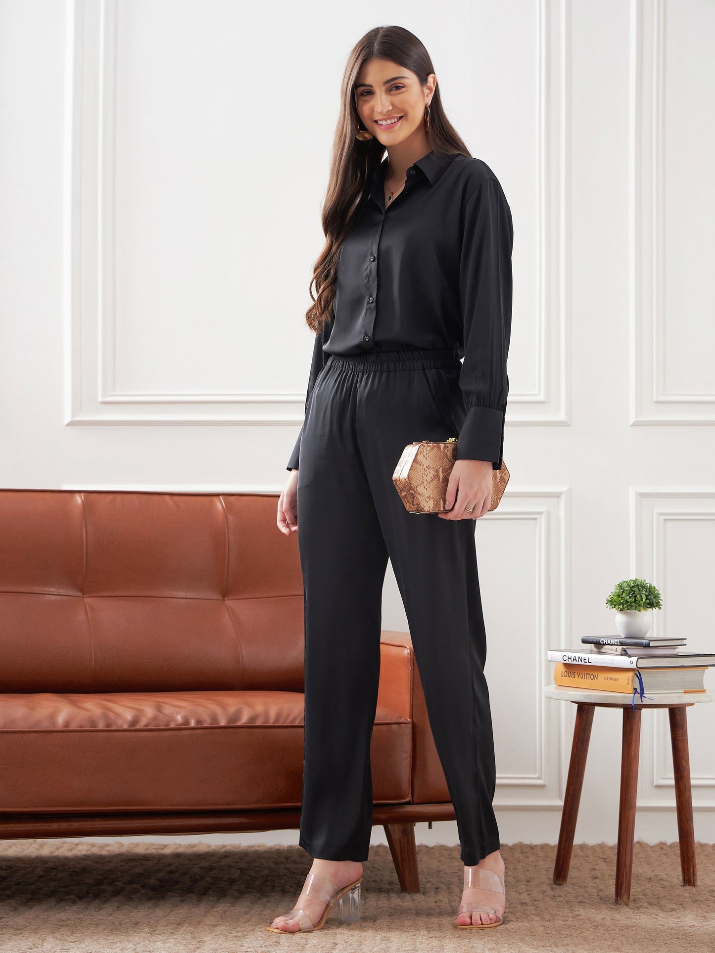 Black Satin Shirt With Lounge Pants