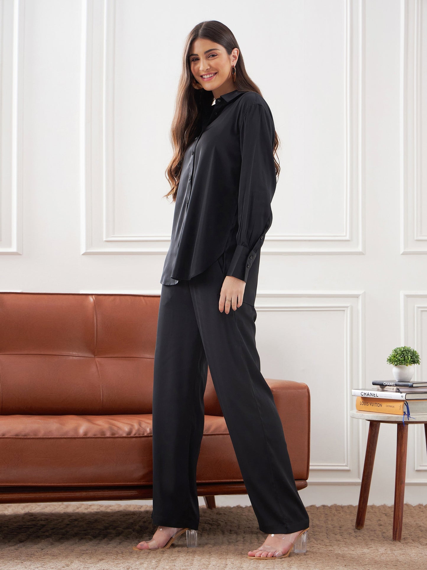 Black Satin Shirt With Lounge Pants