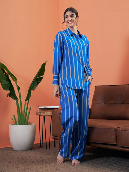 Blue Stripes Shirt With Lounge Pants