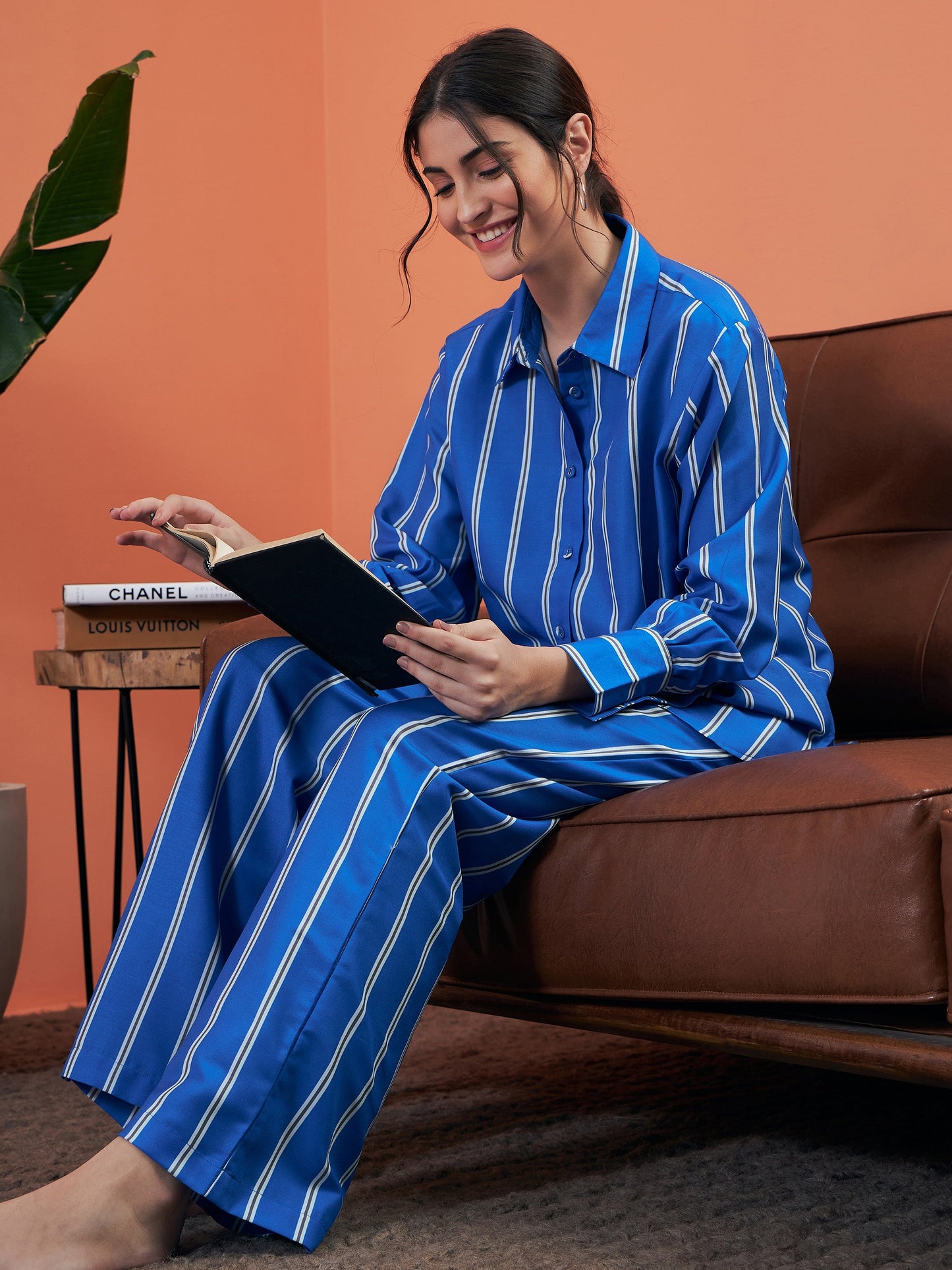 Blue Stripes Shirt With Lounge Pants
