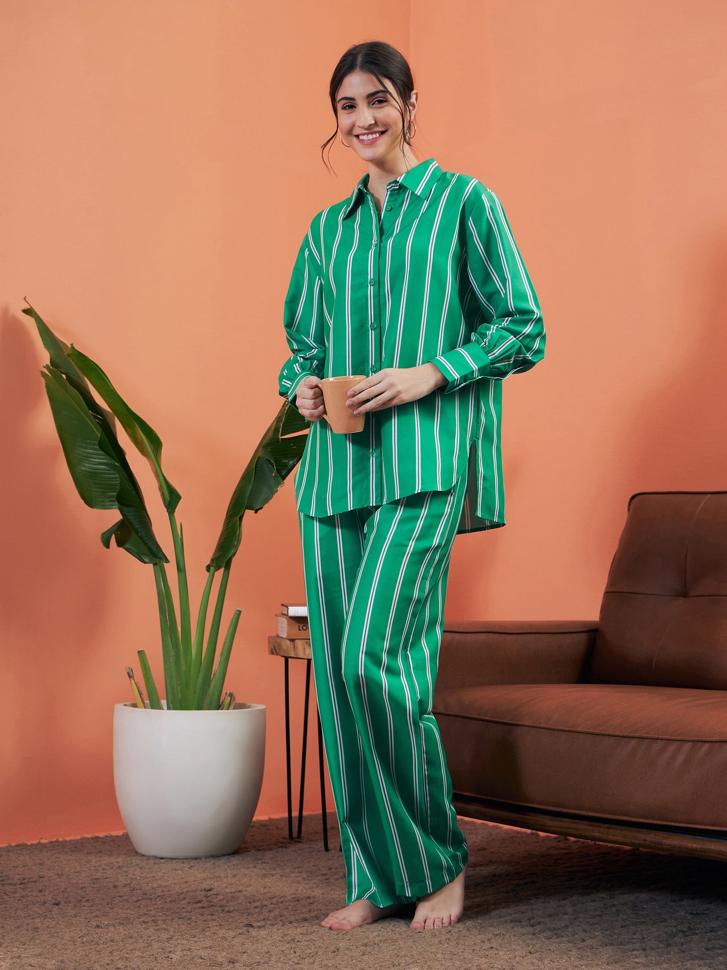Green Stripes Shirt With Lounge Pants