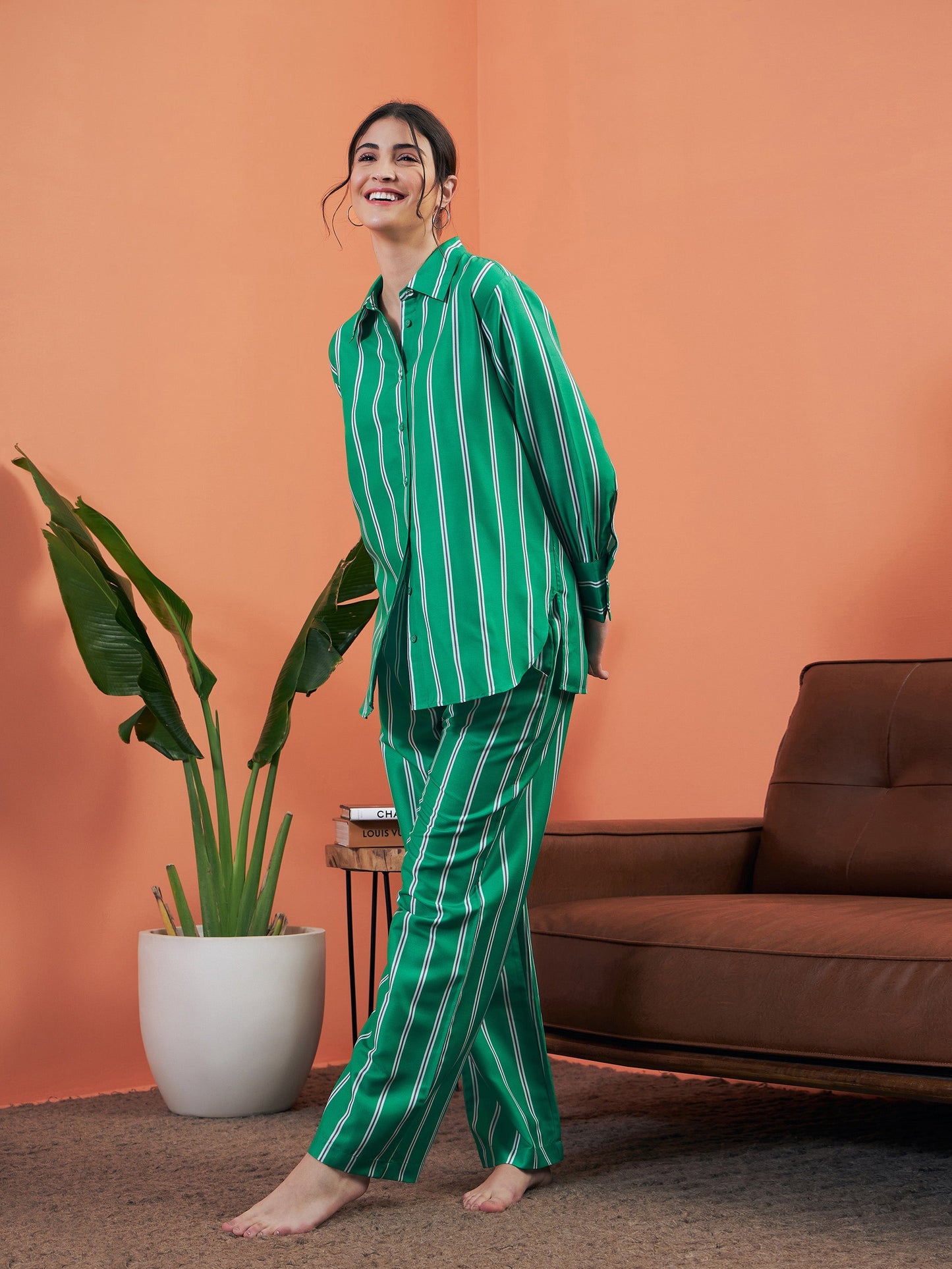 Green Stripes Shirt With Lounge Pants