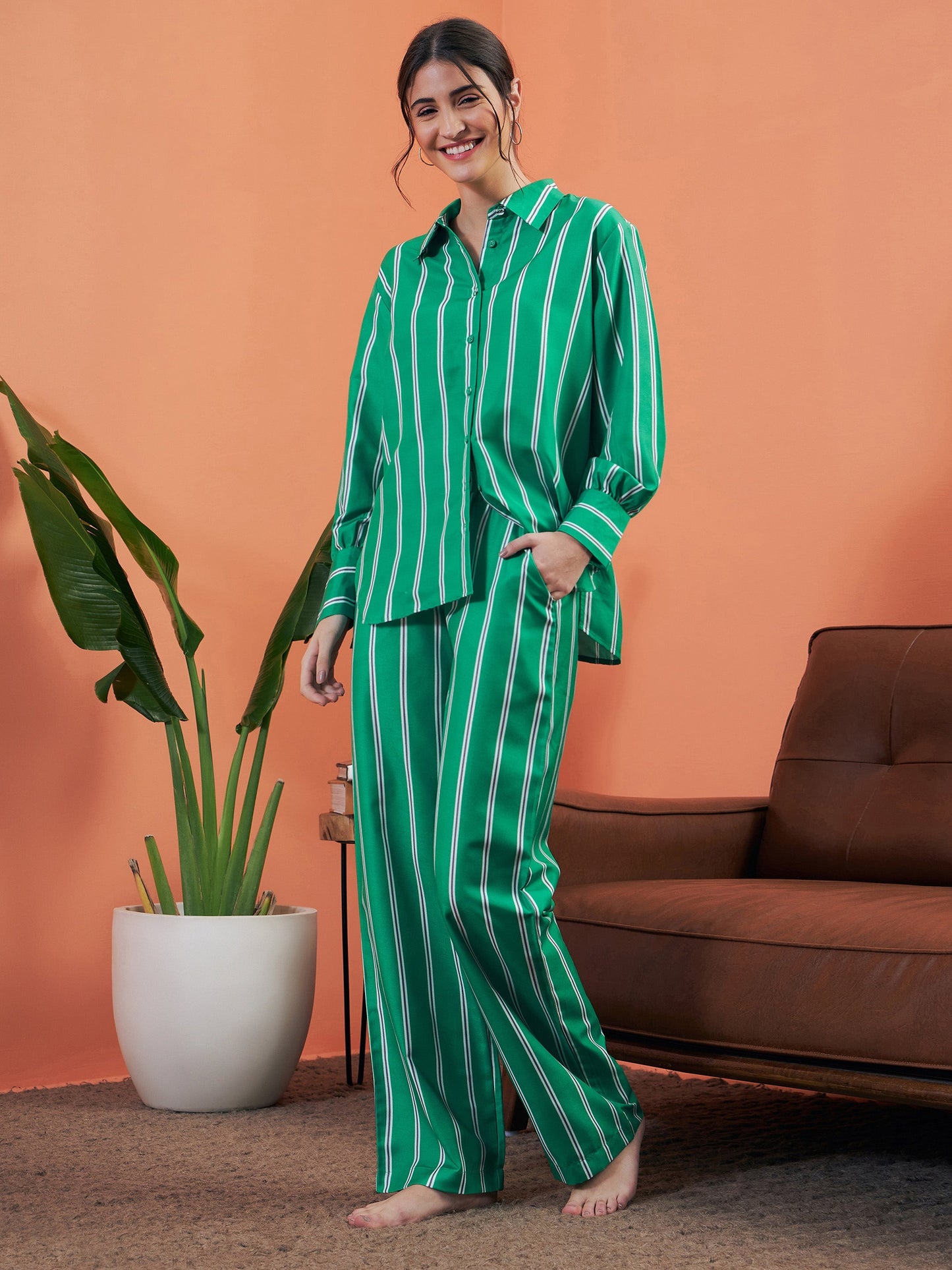 Green Stripes Shirt With Lounge Pants