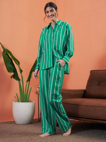 Green Stripes Shirt With Lounge Pants