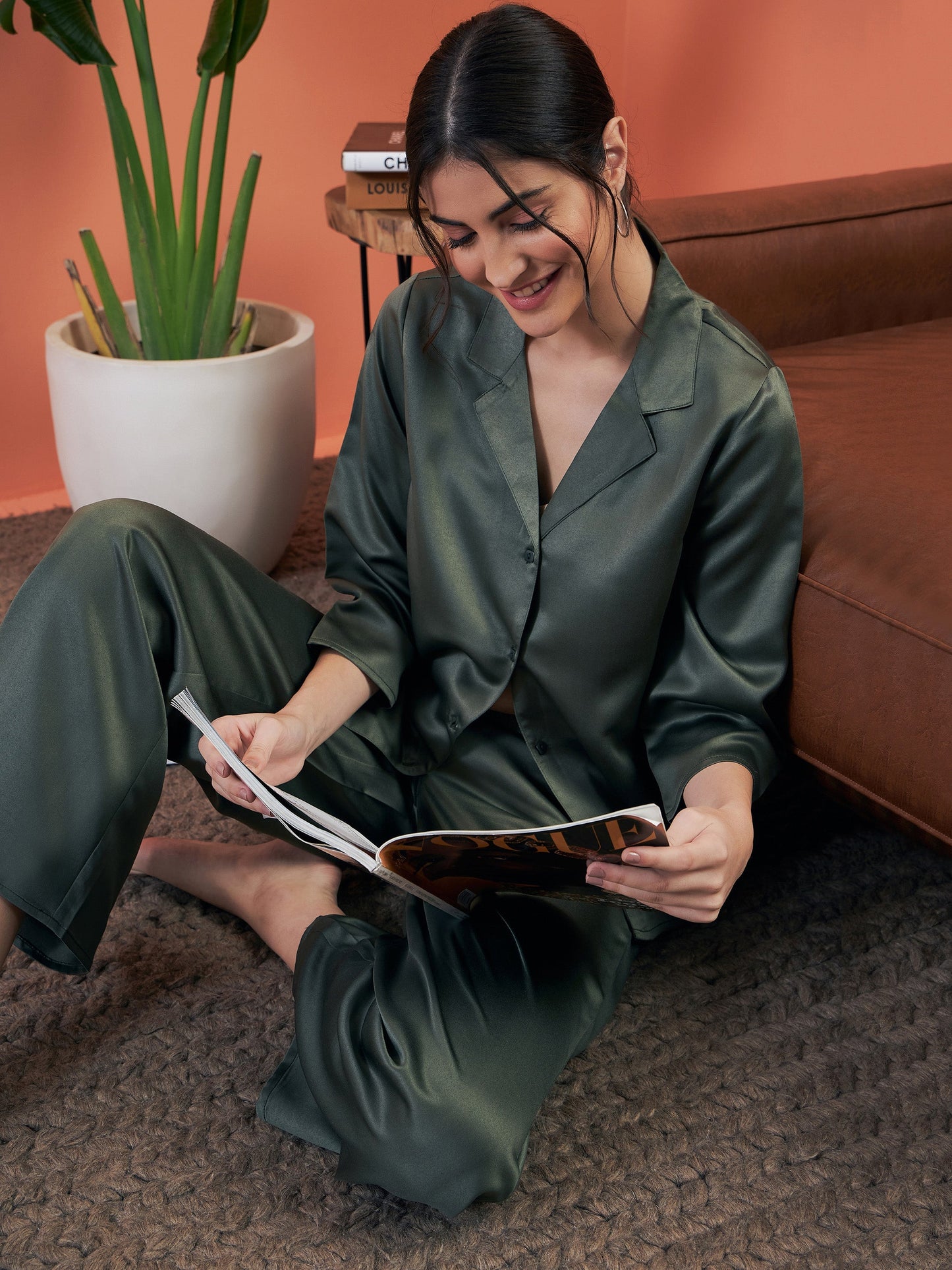 Olive Satin Notch Collar Shirt With Lounge Pants