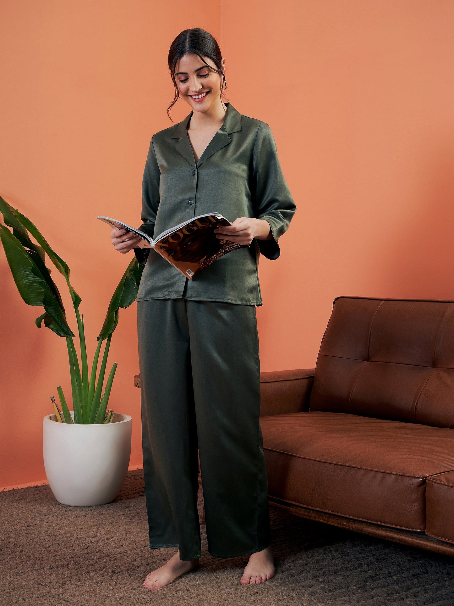 Olive Satin Notch Collar Shirt With Lounge Pants