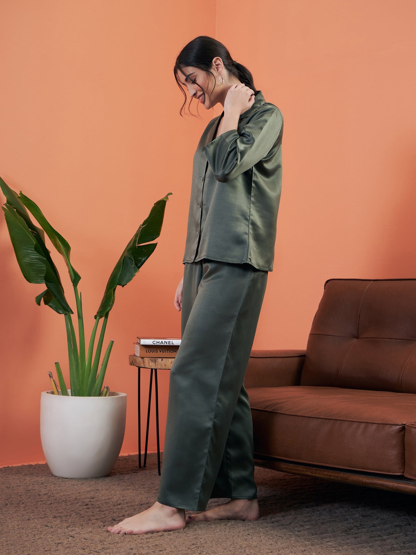 Olive Satin Notch Collar Shirt With Lounge Pants