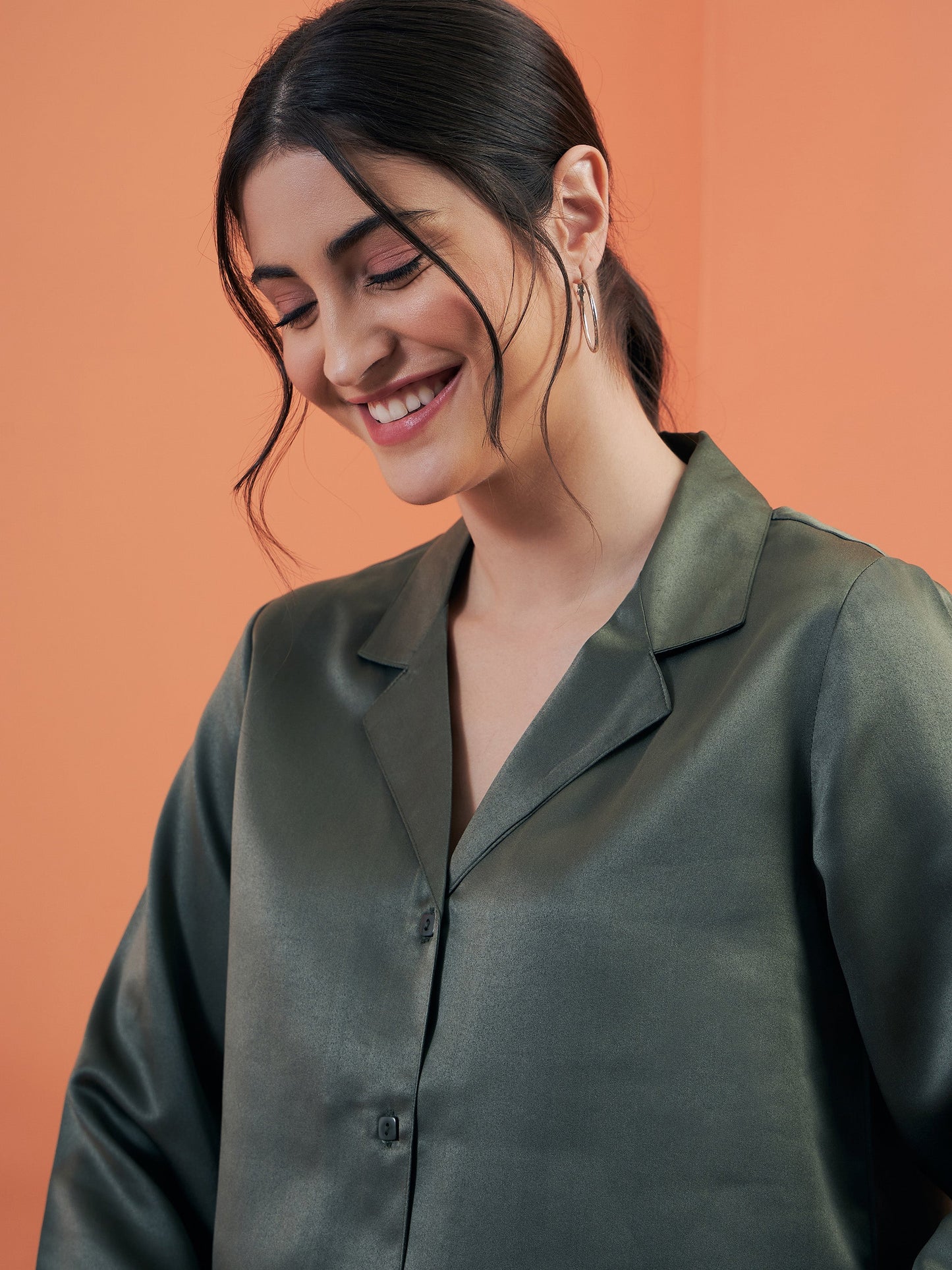 Olive Satin Notch Collar Shirt With Lounge Pants