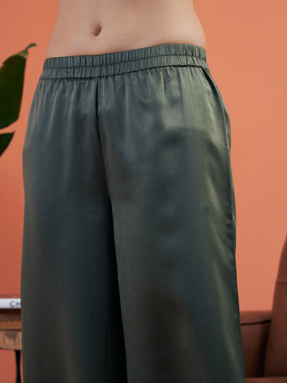 Olive Satin Notch Collar Shirt With Lounge Pants