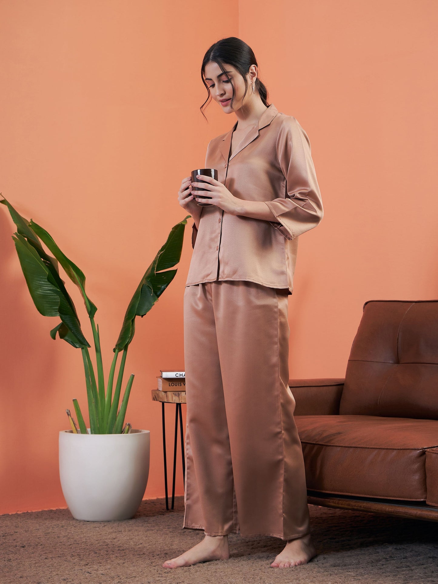 Brown Satin Notch Collar Shirt With Lounge Pants