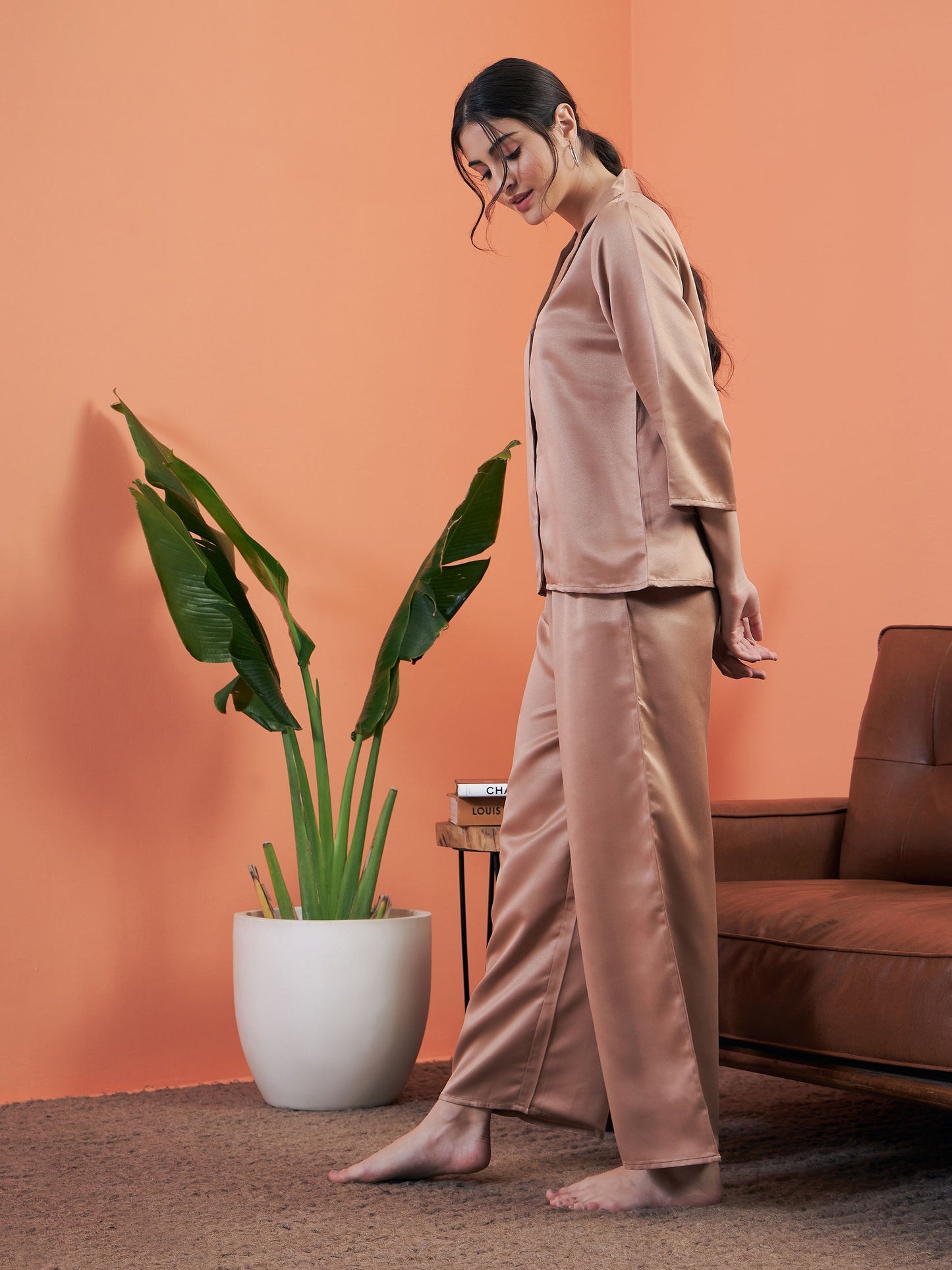 Brown Satin Notch Collar Shirt With Lounge Pants