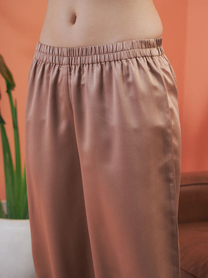 Brown Satin Notch Collar Shirt With Lounge Pants