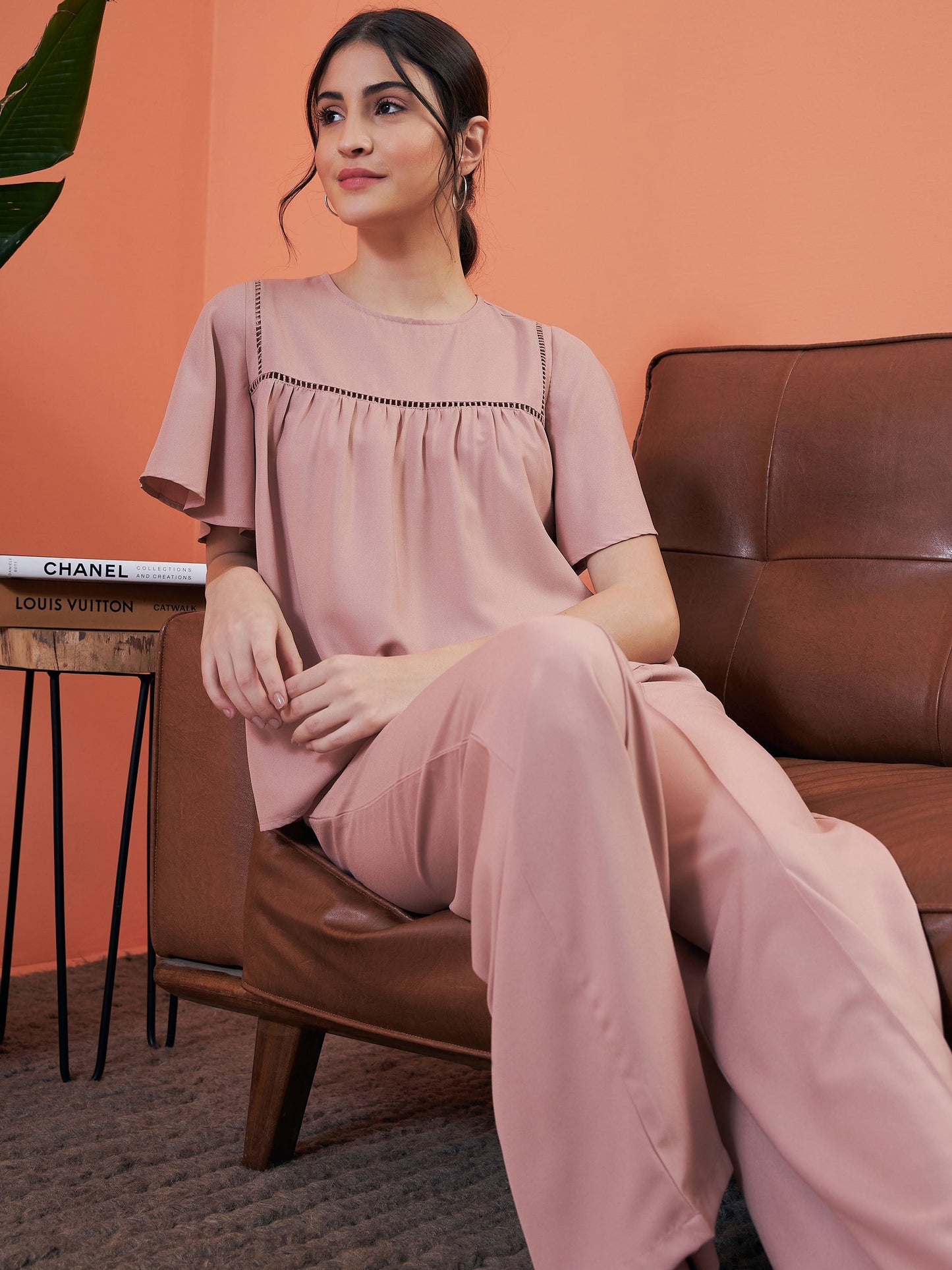 Pink Lace Insert Top With Lounge Pants