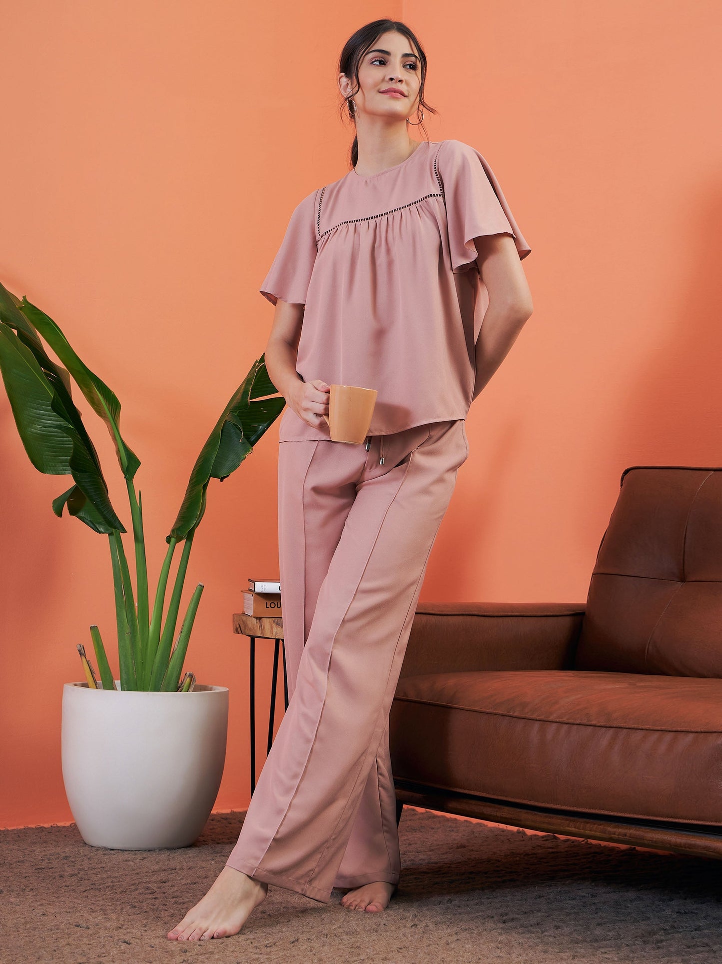 Pink Lace Insert Top With Lounge Pants