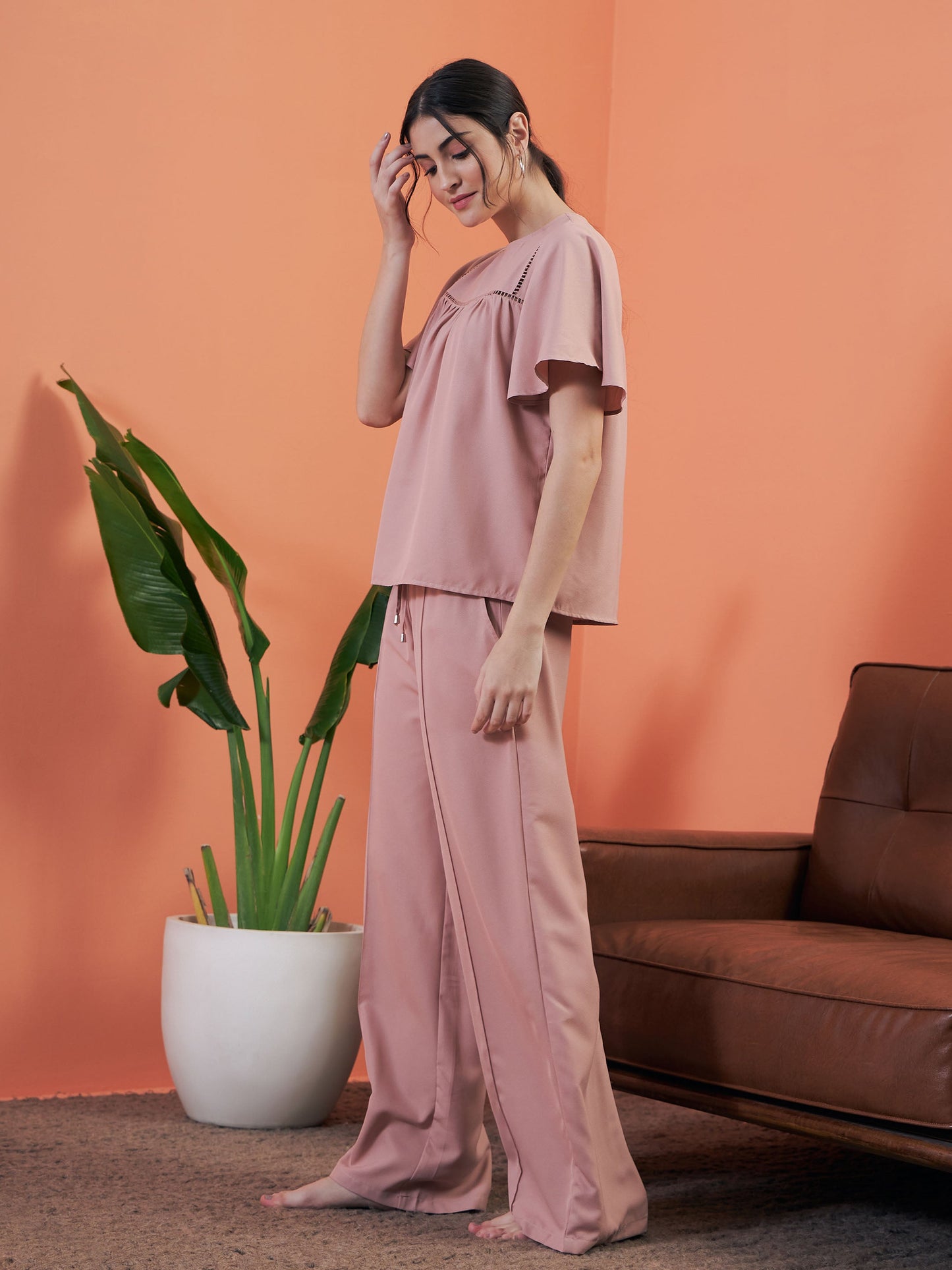 Pink Lace Insert Top With Lounge Pants