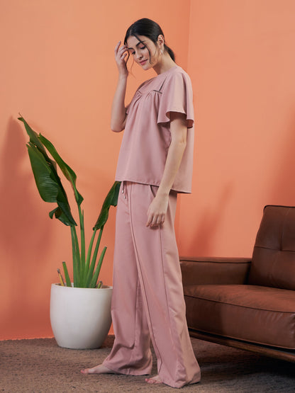 Pink Lace Insert Top With Lounge Pants