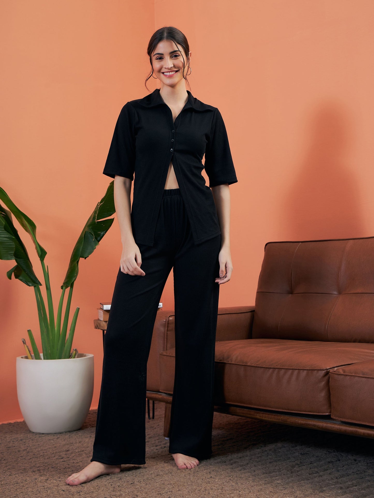 Black Rib Shirt With Lounge Pants