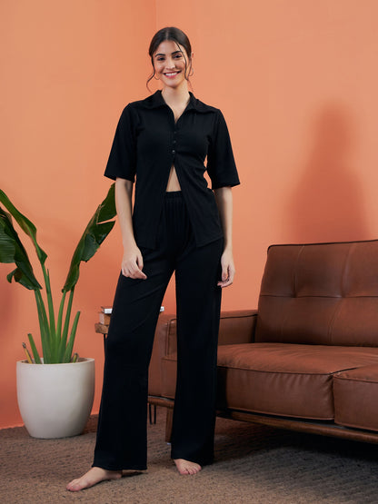 Black Rib Shirt With Lounge Pants