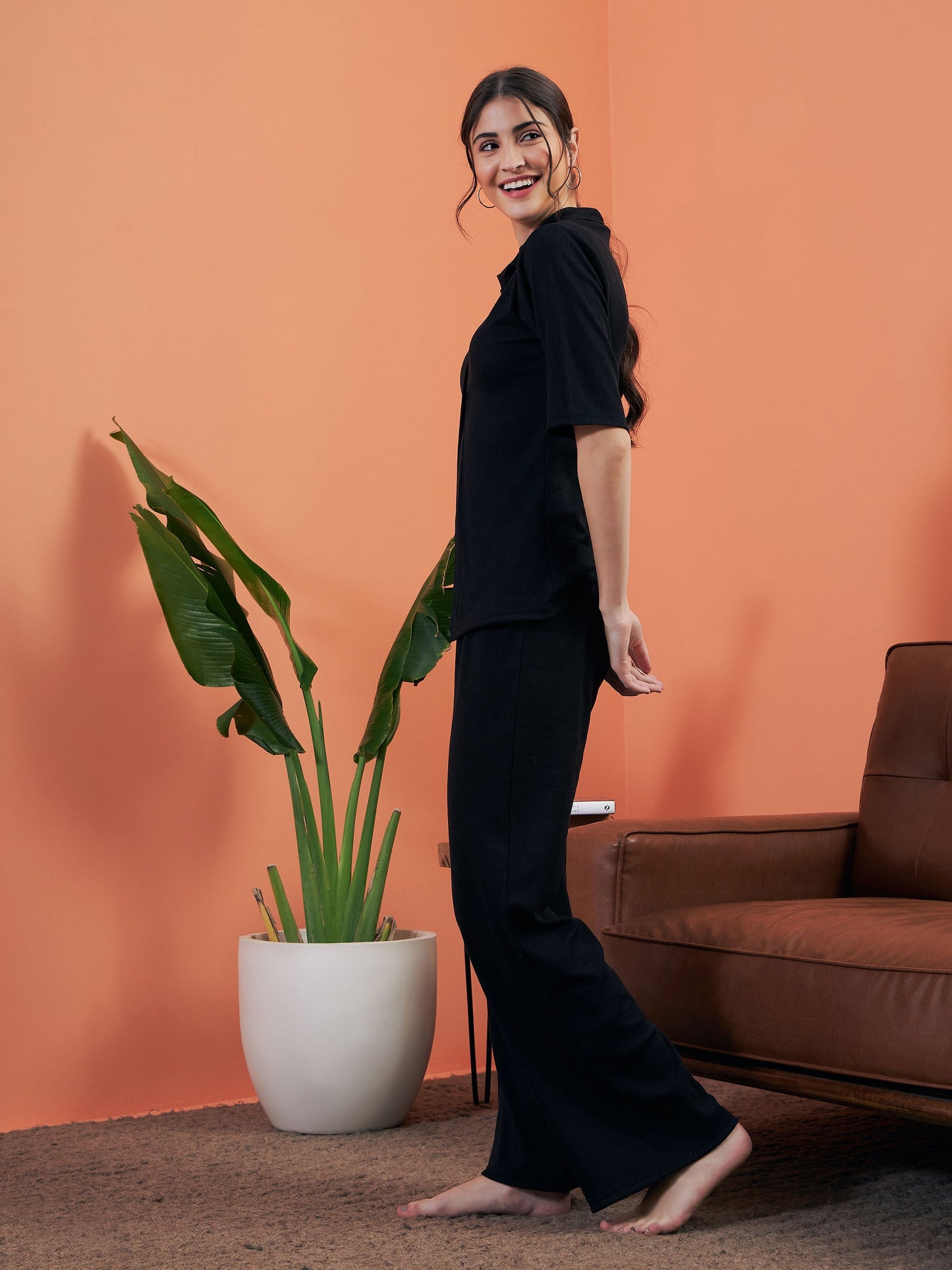 Black Rib Shirt With Lounge Pants