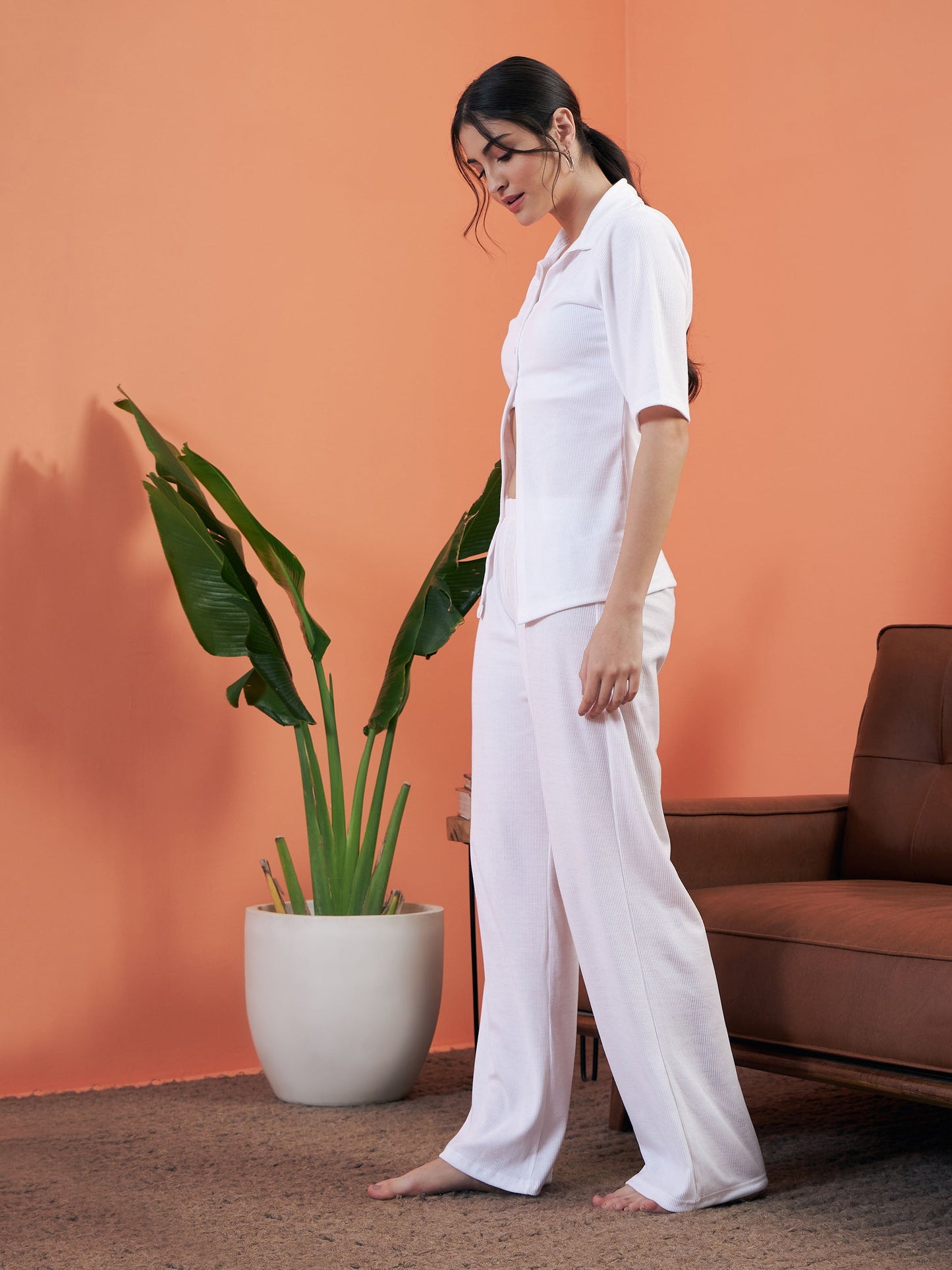 White Rib Shirt With Lounge Pants