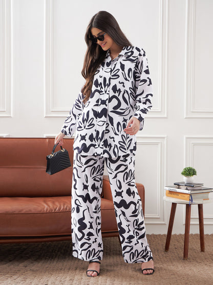 White & Black Abstract Art Shirt With Lounge Pants