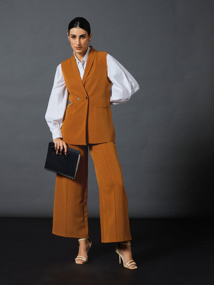 Mustard Sleeveless Blazer With Darted Palazzo Pants