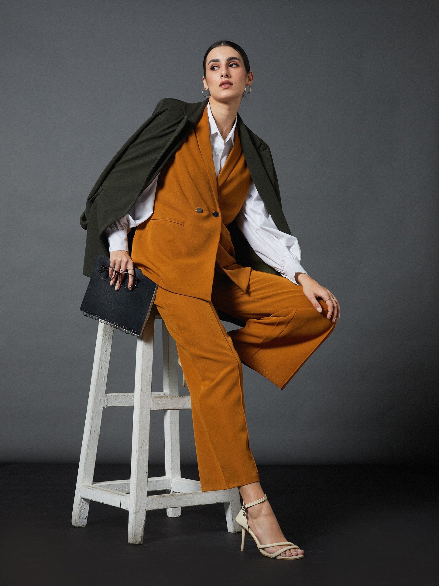 Mustard Sleeveless Blazer With Darted Palazzo Pants