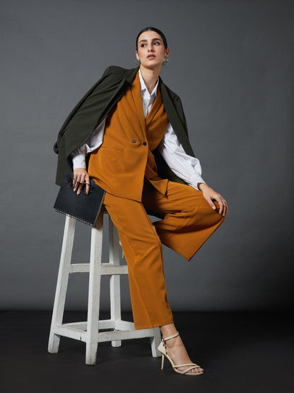 Mustard Sleeveless Blazer With Darted Palazzo Pants