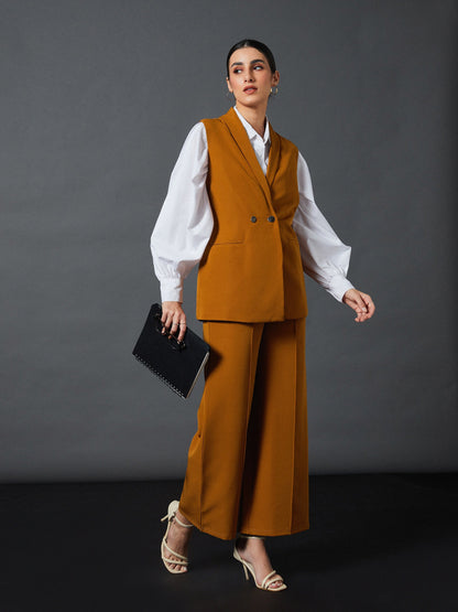 Mustard Sleeveless Blazer With Darted Palazzo Pants