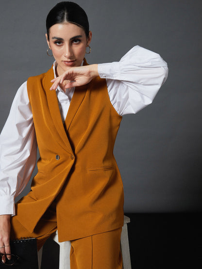 Mustard Sleeveless Blazer With Darted Palazzo Pants