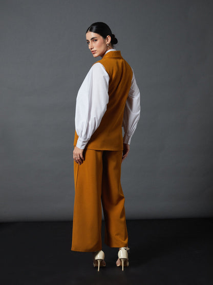 Mustard Sleeveless Blazer With Darted Palazzo Pants