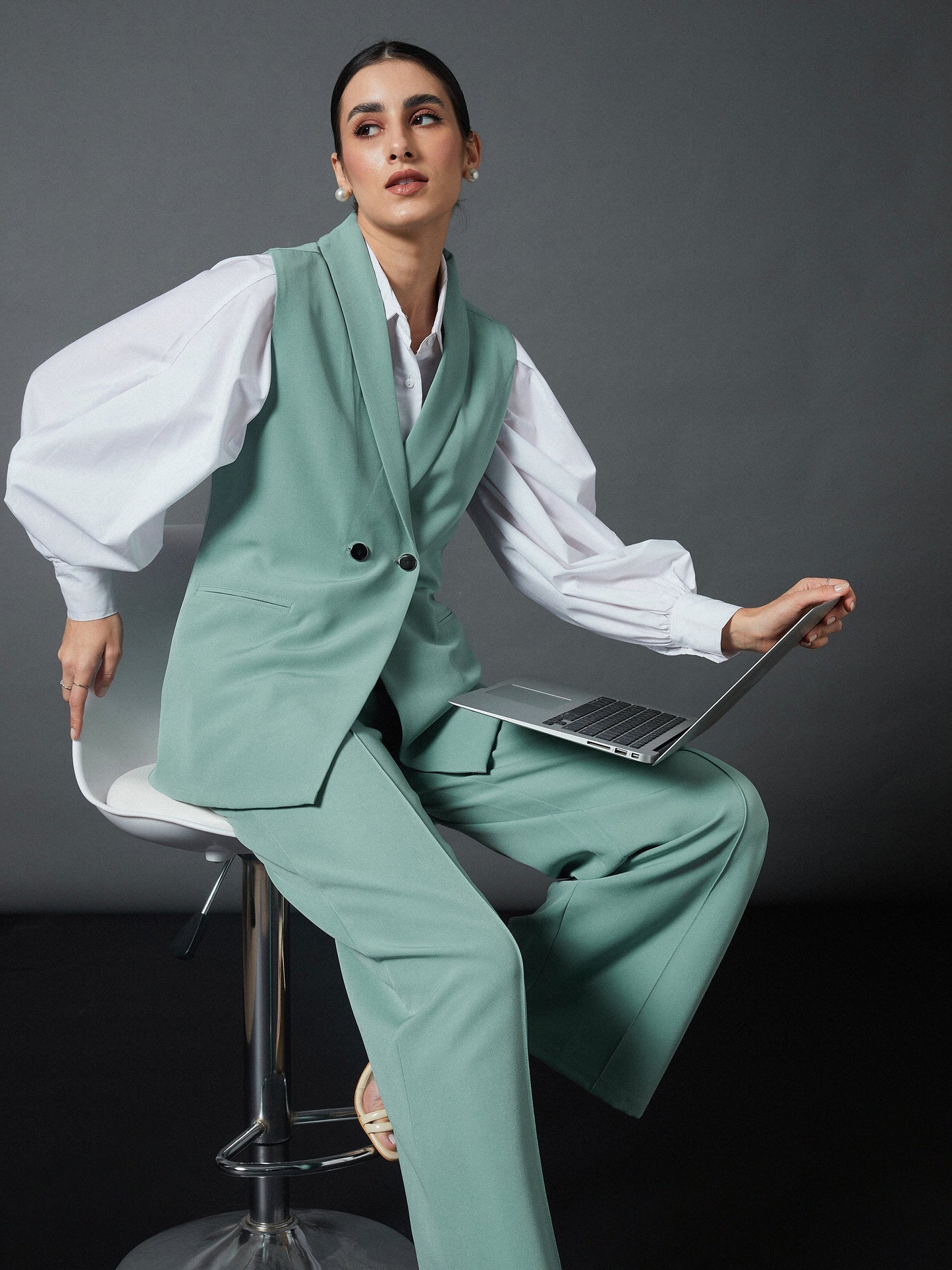 Blue Sleeveless Blazer With Darted Palazzo Pants