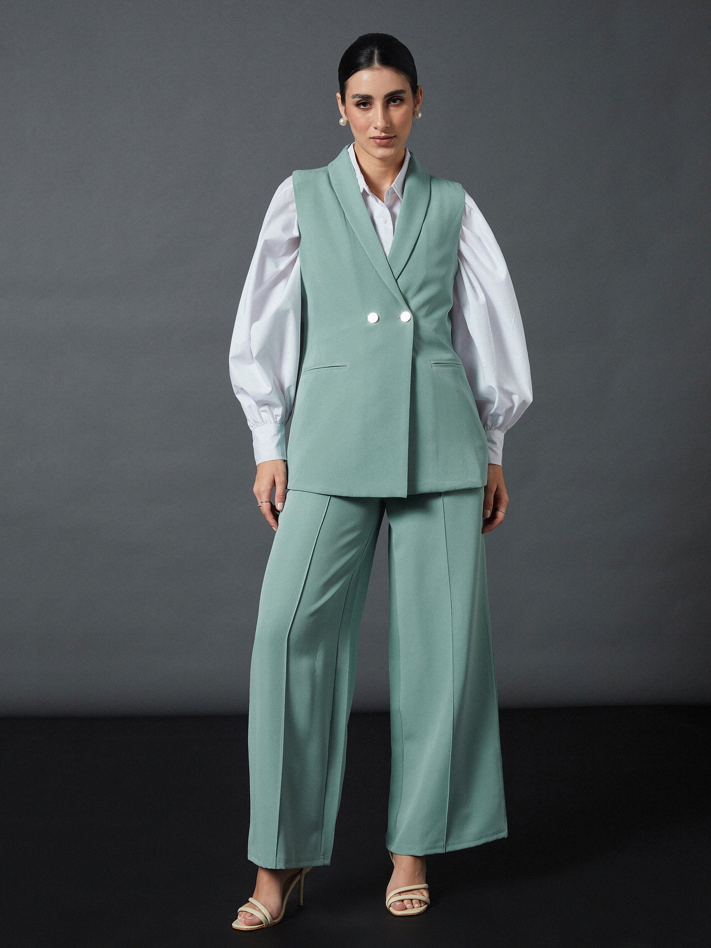 Blue Sleeveless Blazer With Darted Palazzo Pants