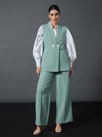 Blue Sleeveless Blazer With Darted Palazzo Pants