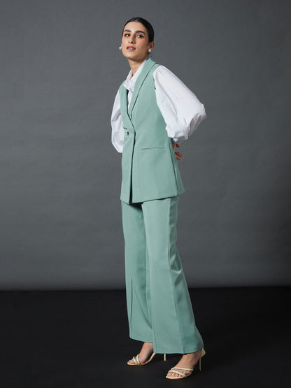 Blue Sleeveless Blazer With Darted Palazzo Pants
