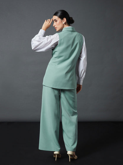 Blue Sleeveless Blazer With Darted Palazzo Pants
