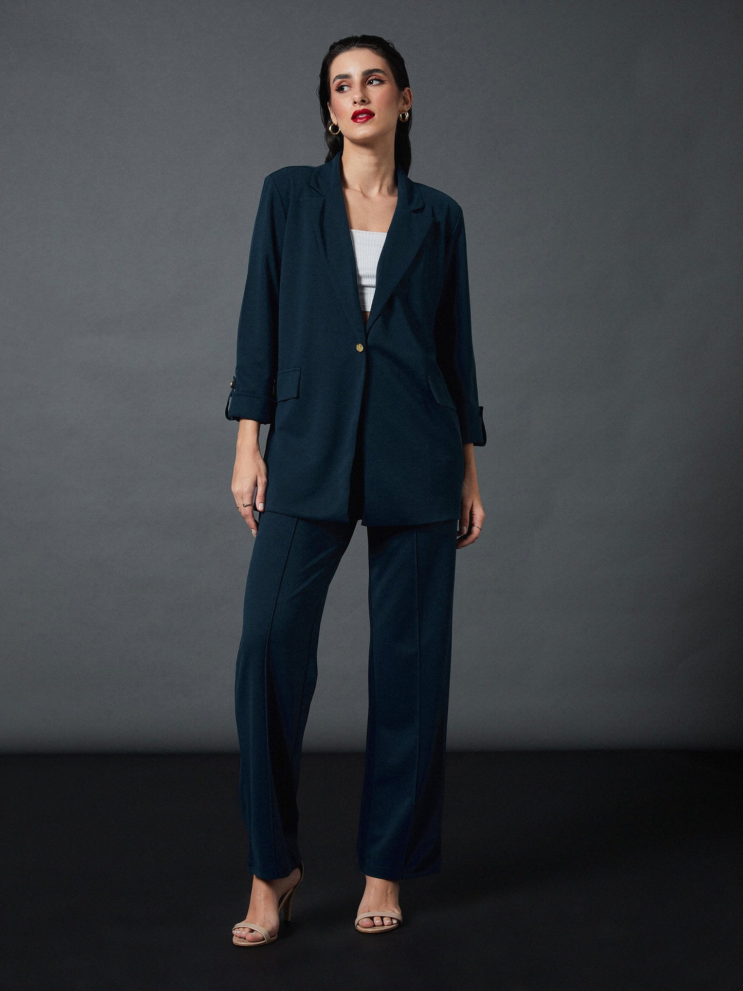 Airforce Blue Longline Blazer With Darted Pants