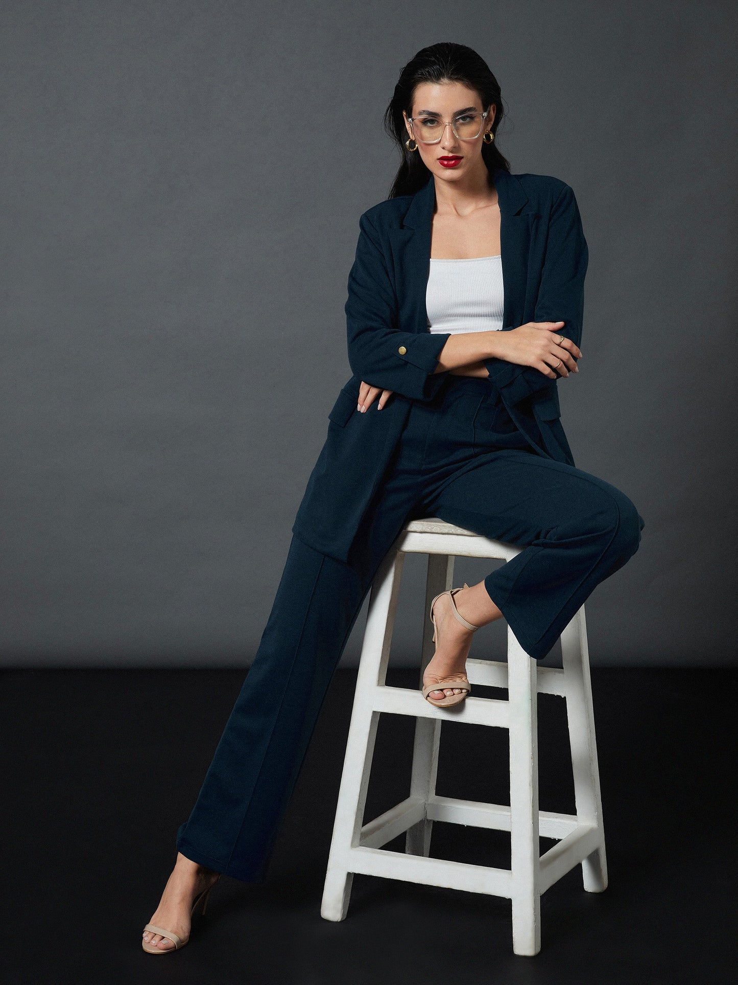 Airforce Blue Longline Blazer With Darted Pants