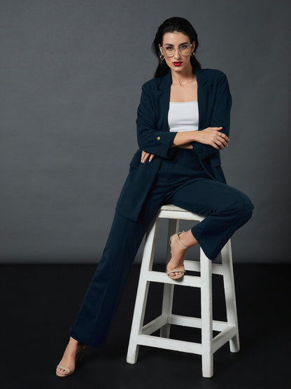 Airforce Blue Longline Blazer With Darted Pants
