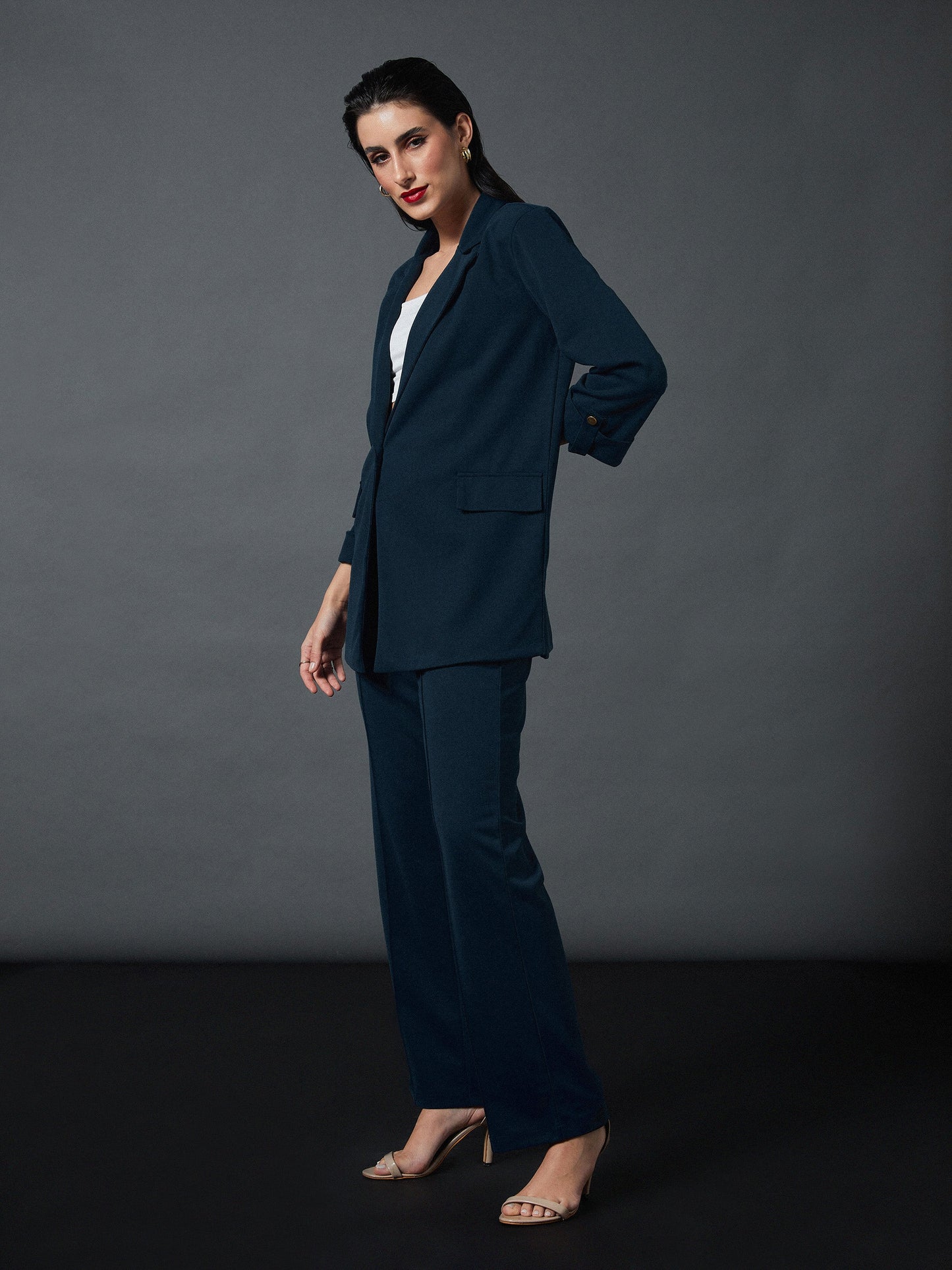 Airforce Blue Longline Blazer With Darted Pants