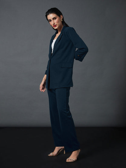 Airforce Blue Longline Blazer With Darted Pants