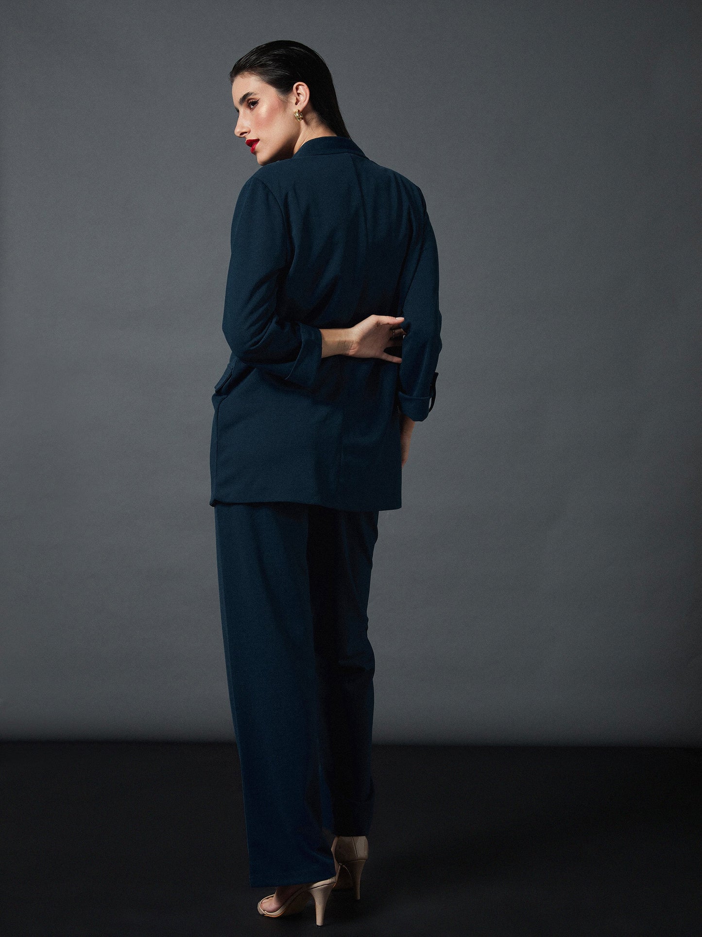 Airforce Blue Longline Blazer With Darted Pants