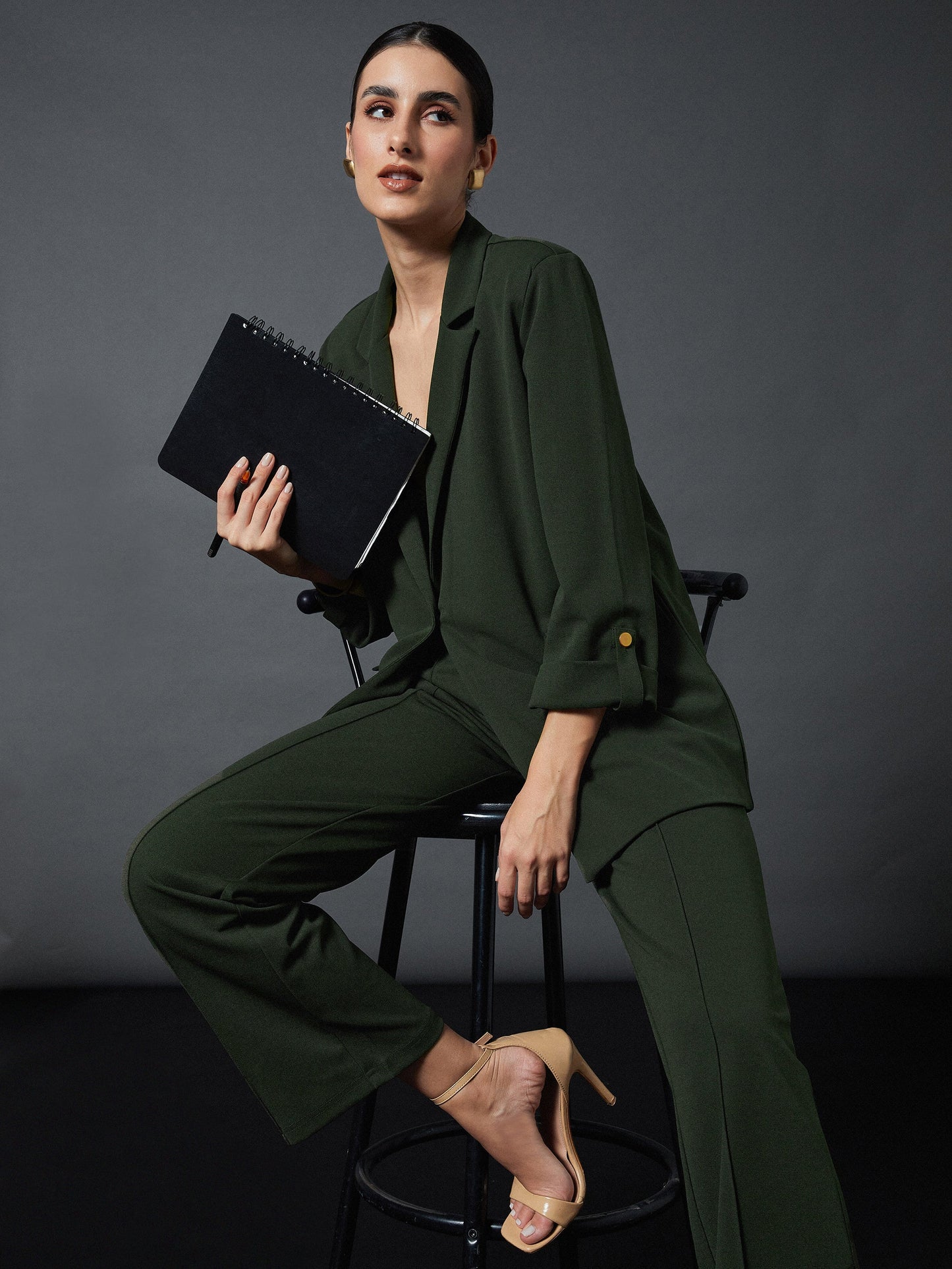 Olive Longline Blazer With Darted Pants