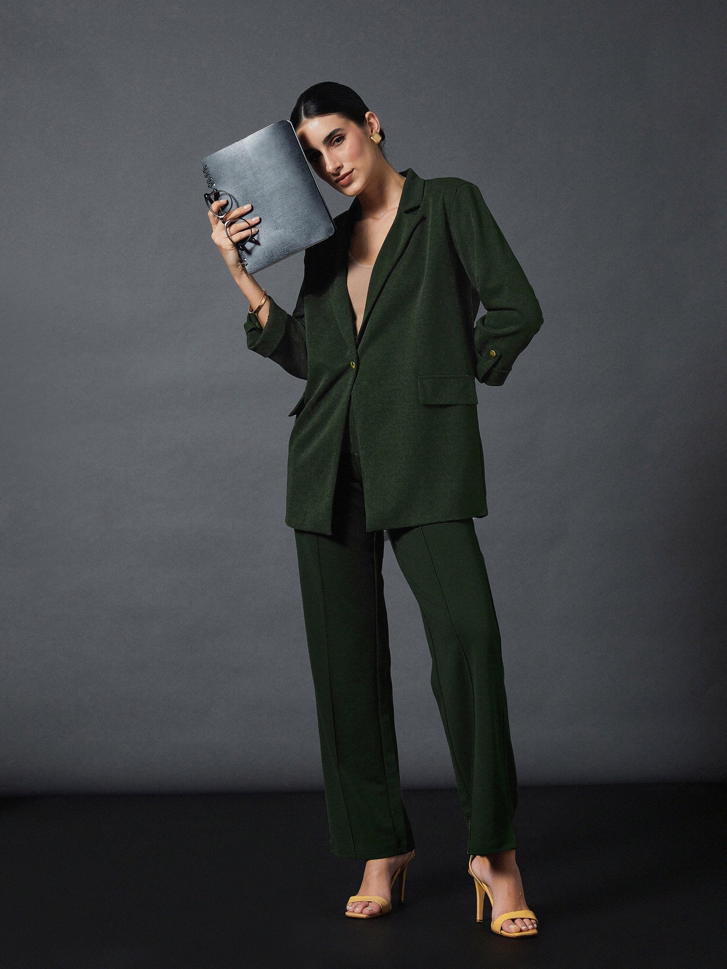 Olive Longline Blazer With Darted Pants