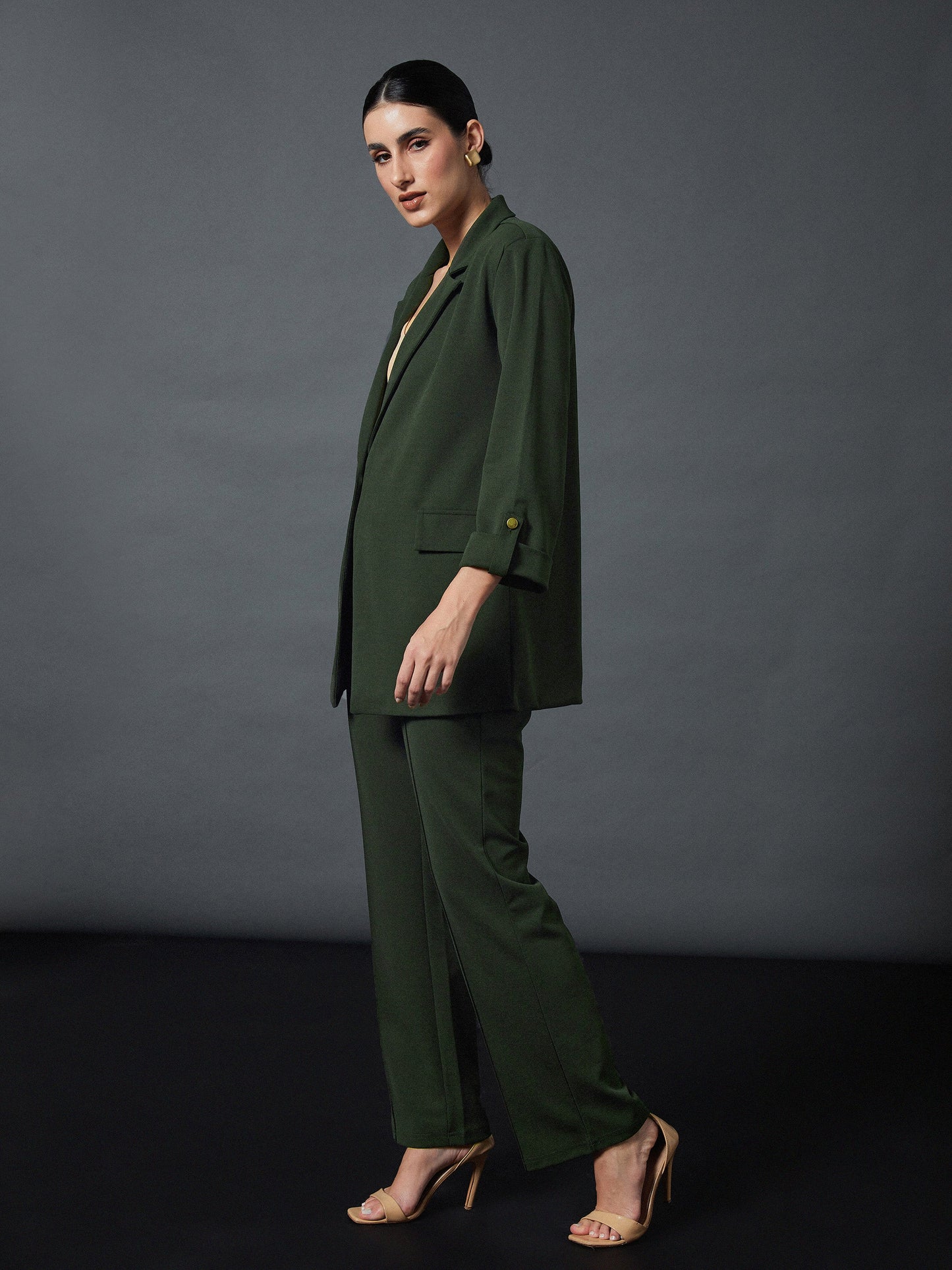 Olive Longline Blazer With Darted Pants