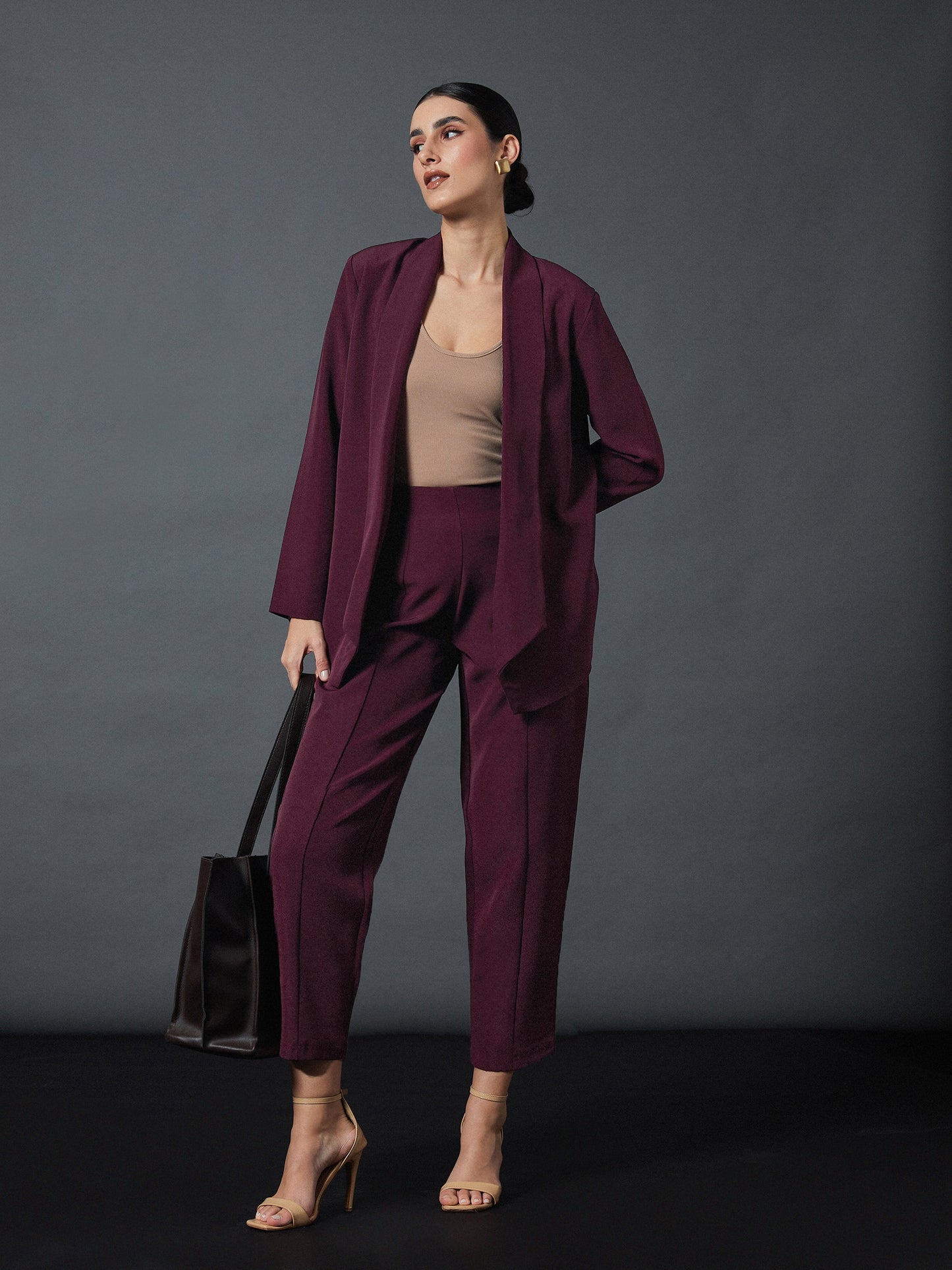 Maroon Shawl Collar Blazer With Balloon Fit Pants