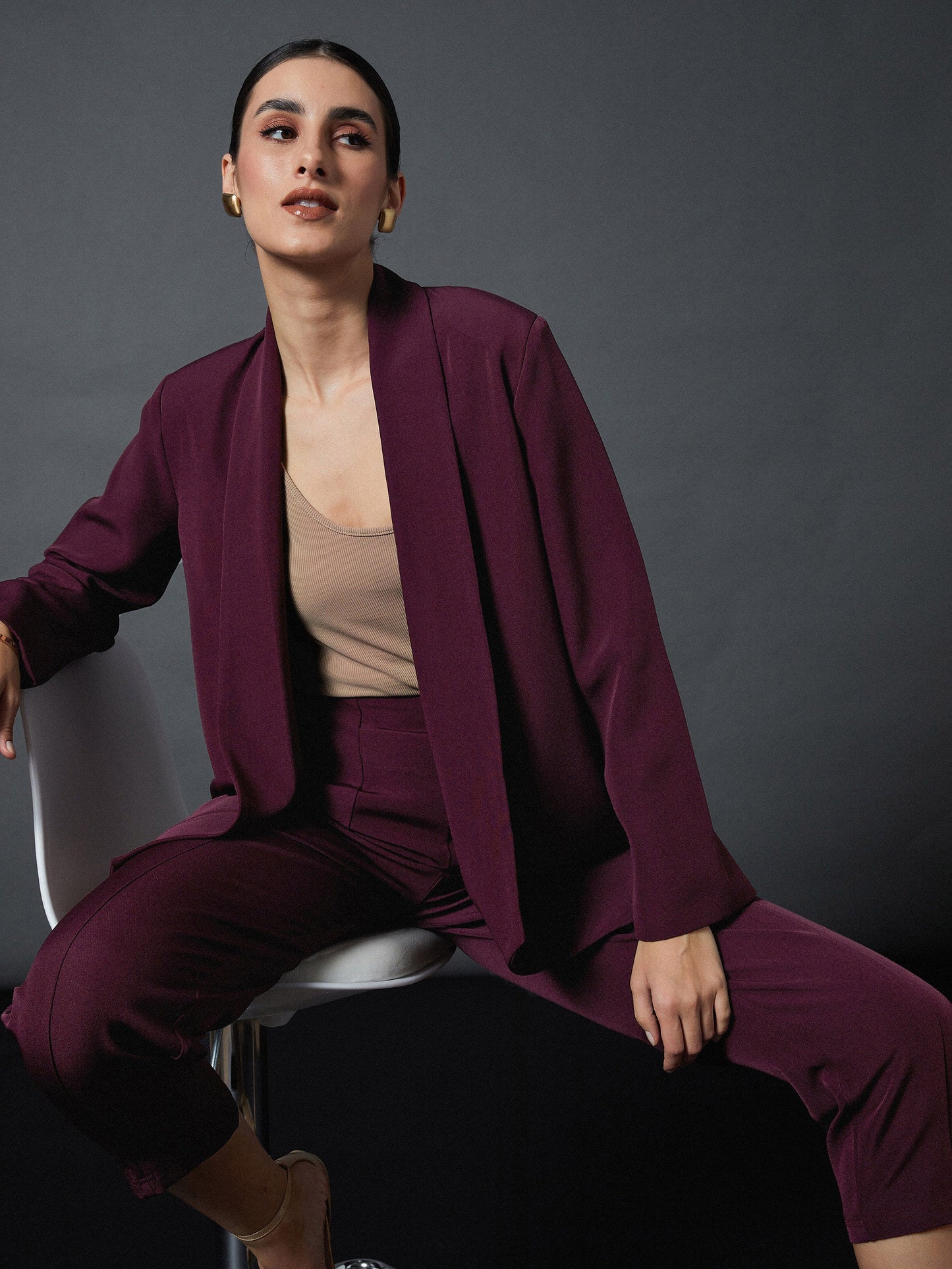 Maroon Shawl Collar Blazer With Balloon Fit Pants