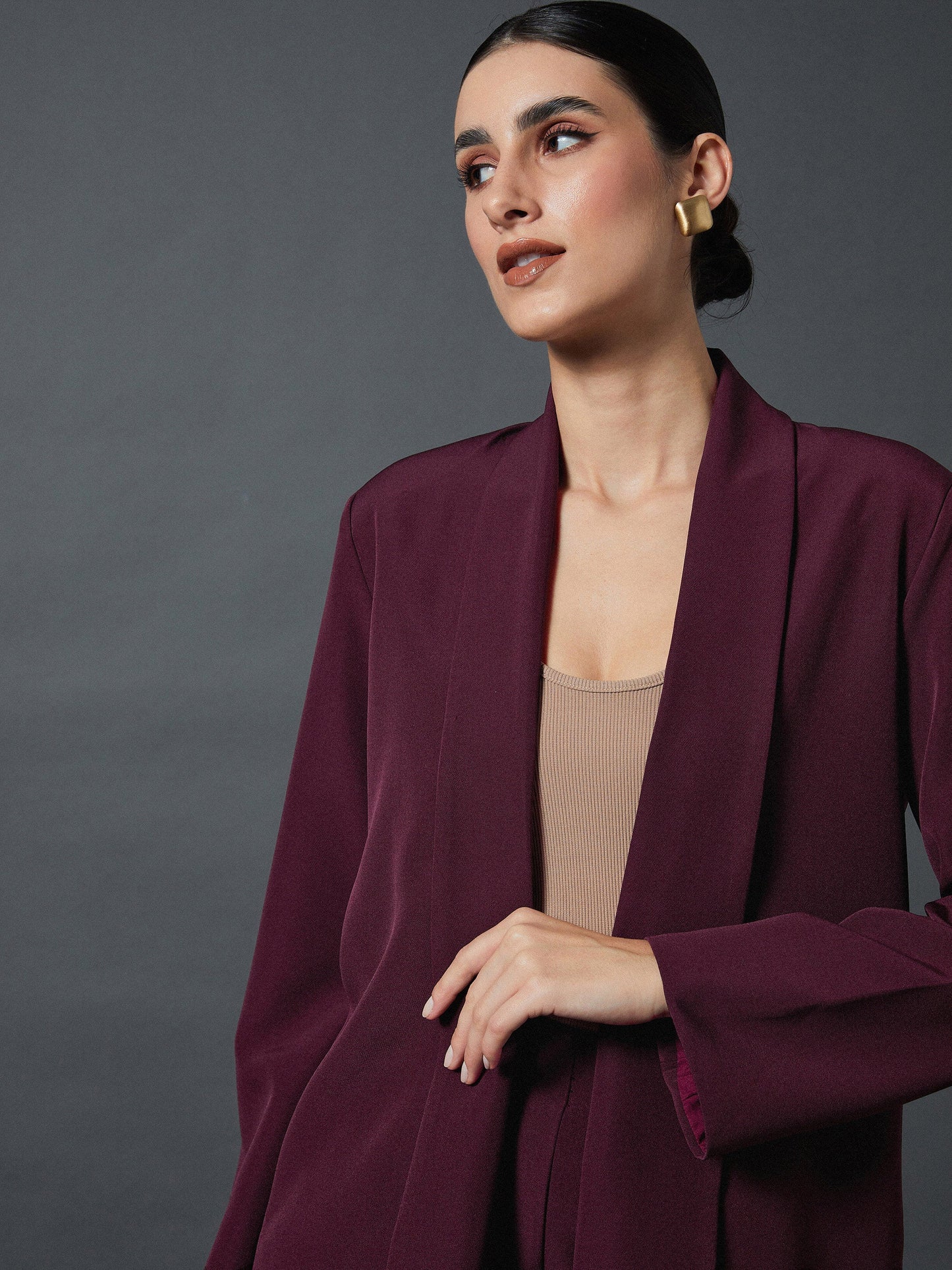 Maroon Shawl Collar Blazer With Balloon Fit Pants