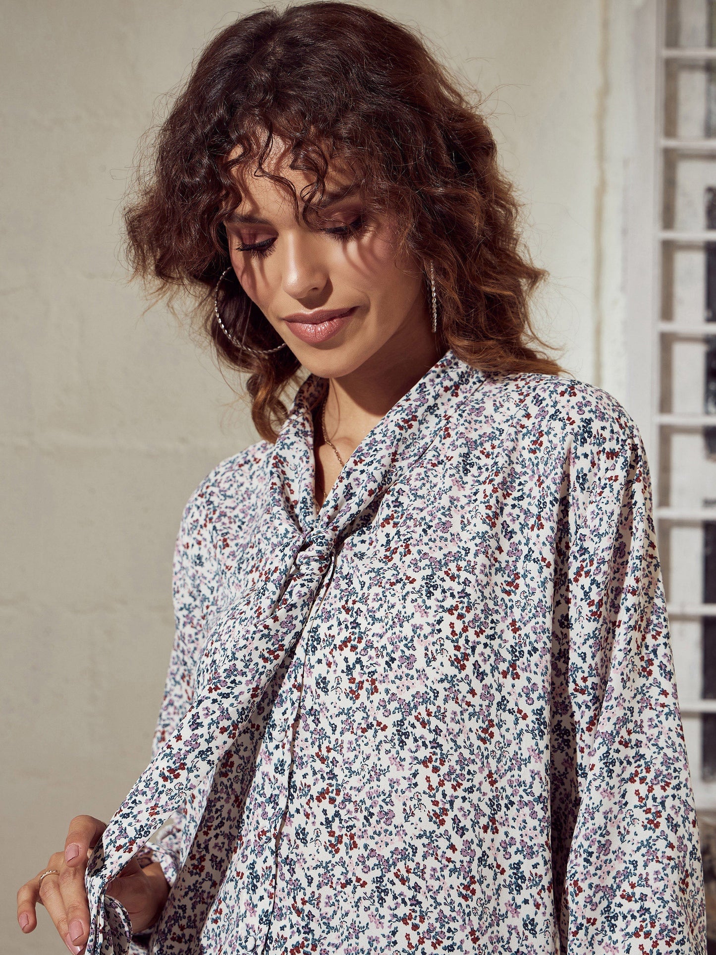 Cream Ditsy Floral Neck Tie Top With Pants