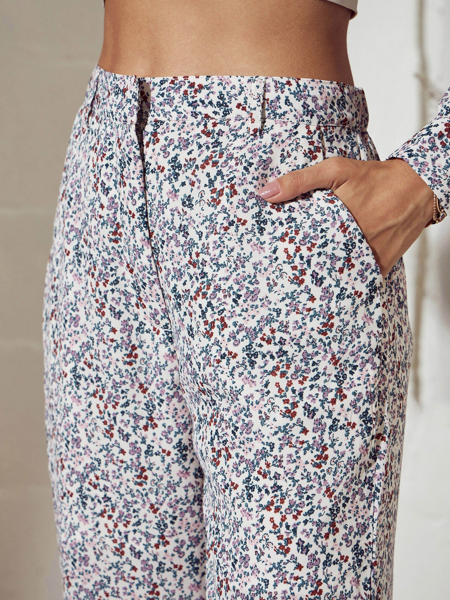 Cream Ditsy Floral Neck Tie Top With Pants